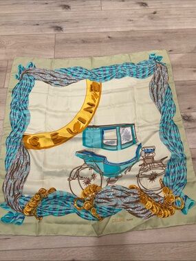 Celine Cream and Turquoise Carriage Silk Scarf with Gold Accents